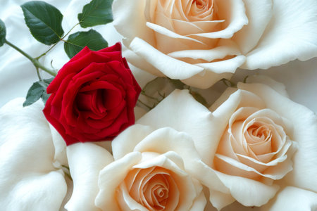 A vibrant red rose is prominently displayed amidst a cluster of soft, creamy white roses, creating a striking contrast.の写真素材