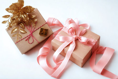 Two elegantly wrapped gift boxes with delicate pink ribbons and ornate gold decorations, presented on a clean white background.の写真素材