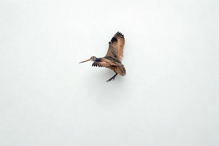 A small brown bird with long legs and beak is captured in motion, wings outstretched, against a plain white backdrop.の写真素材