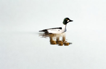 A single duck with distinct black and white markings is reflected in the still, bright water, creating a peaceful scene.の写真素材