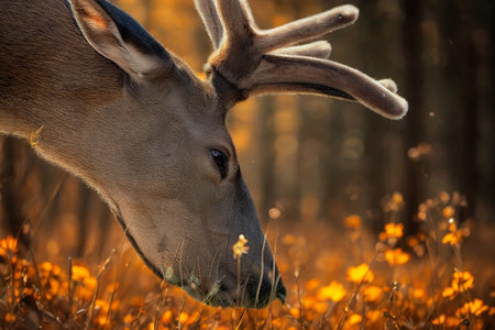A close-up of a large buck with impressive antlers, its head lowered to graze among vibrant orange and yellow wildflowers in a forest setting.の写真素材