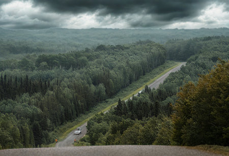 An aerial perspective captures a narrow road cutting through a vast, dark green forest. The sky is heavily clouded, suggesting impending rain.の写真素材