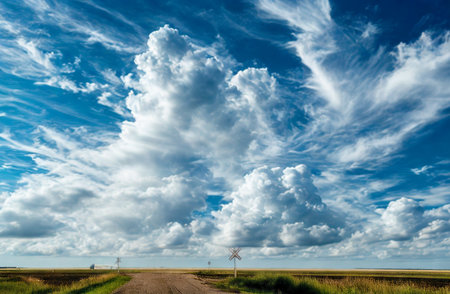 A vast expanse of a bright blue sky filled with dramatic, towering cumulus clouds above a flat, rural landscape with a dirt road.の写真素材