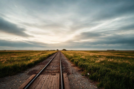 A perspective shot of abandoned train tracks disappearing into the horizon under a vast, cloudy sky at sunset.の写真素材