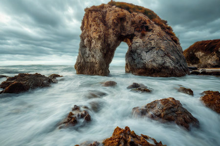 A powerful ocean surge washes over rocks in front of a majestic, weathered arch rock formation under...