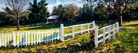 A classic white picket fence winds through a sun-drenched rural yard with trees and a small building in the background.の写真素材