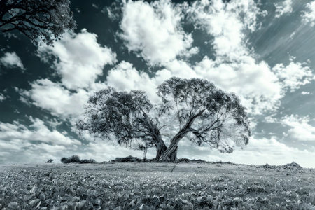 A solitary tree with branches forming a heart shape stands on a grassy hill against a dramatic sky filled with clouds.の写真素材