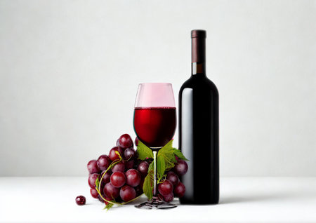 A dark glass bottle of red wine stands next to a full glass of red wine and a bunch of ripe red grapes.の写真素材