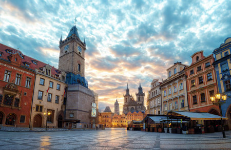 A wide-angle view of an old European city square at twilight, featuring a prominent clock tower and illuminated buildings under a dramatic sky.の写真素材
