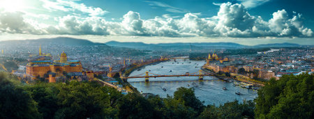 An expansive aerial panorama captures a historic European city, its river, and distant mountains under a dramatic sky.の写真素材