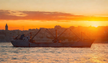 A large cargo ship sails on the water with a city skyline in the background during a colorful sunset.の写真素材