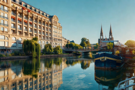A grand building and cathedral are reflected in a calm river under a clear blue sky, showcasing European architectural beauty.の写真素材