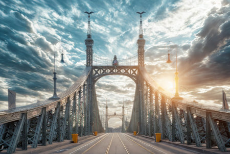 A historic bridge with ornate towers stands under a dramatic sky filled with clouds and a setting sun.の写真素材