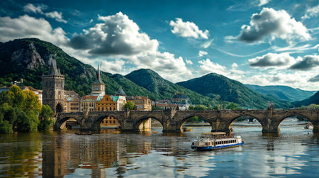 A picturesque view of an old European city with a stone bridge crossing a river, a boat sailing, and mountains in the background.の写真素材