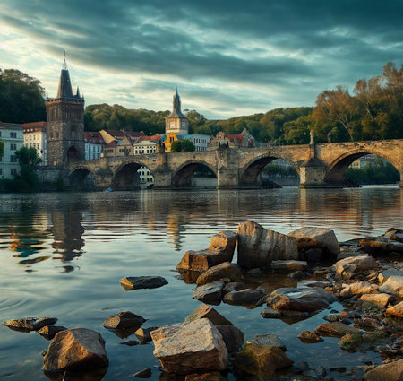 A majestic stone bridge with multiple arches spans a calm river, with historic buildings and trees visible on the far bank.の写真素材