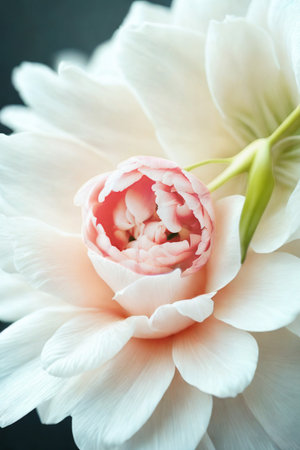 A soft focus close-up of a delicate flower with layered white petals and a vibrant pink center.の写真素材