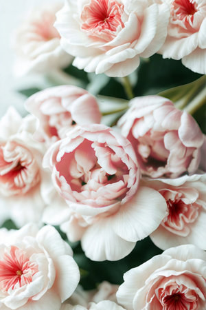 A close-up view of lush, layered peony flowers in soft pink and white hues, bathed in gentle light.の写真素材