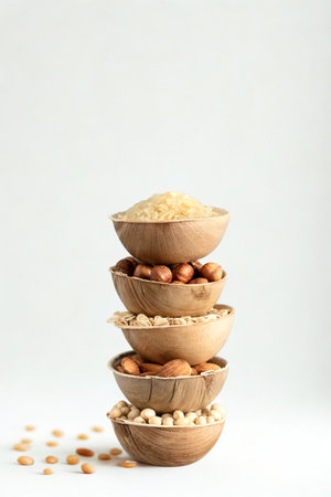 A vertical stack of four small, textured bowls, each filled with different nuts and grains, against a plain white background.の写真素材