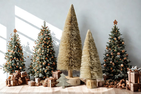 A variety of artificial Christmas trees, some adorned with lights and ornaments, are displayed with wrapped presents underneath.の写真素材