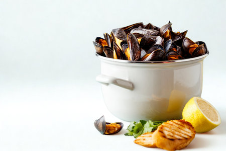 A close-up shot of a pot overflowing with cooked mussels, accompanied by grilled bread and lemon wedges, presented on a white surface.の写真素材