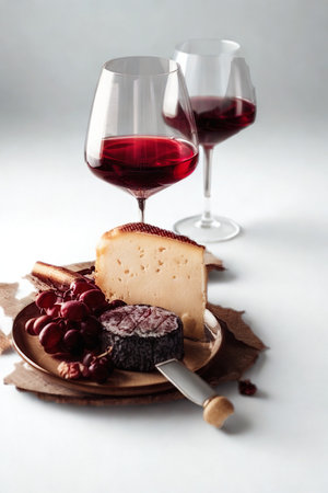 A sophisticated arrangement featuring two glasses of red wine, a slice of cake, and a selection of cured meats and cheese.の写真素材