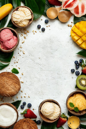 A vibrant, overhead view of a tropical fruit and ice cream dessert spread, featuring mango, coconut, berries, and kiwi on a white surface.の写真素材