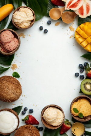 A vibrant arrangement of tropical fruits, ice cream, and berries creates a refreshing and decadent dessert spread.の写真素材