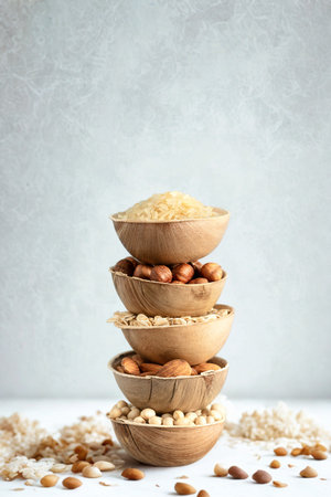 A vertical stack of four small, rustic bowls overflowing with various nuts and grains, set against a textured light background.の写真素材