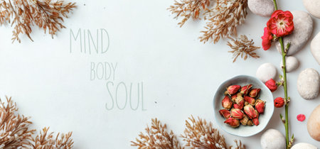 A flat lay composition featuring dried roses, smooth stones, and dried floral elements, conveying a sense of peace and well-being.の写真素材