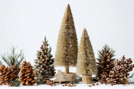 A charming display of assorted pinecones and golden bottle brush trees arranged on a snowy surface, evoking a festive winter woodland.の写真素材