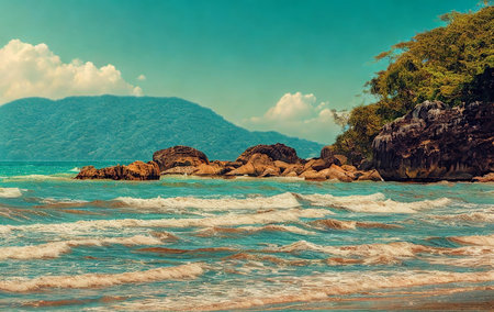 A serene tropical coastline features rugged rocks, lush green vegetation, and vibrant turquoise ocean waves under a clear blue sky.の写真素材