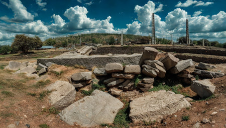 Remnants of an ancient stone structure are visible amidst a rocky landscape under a vibrant, cloud-filled sky.の写真素材