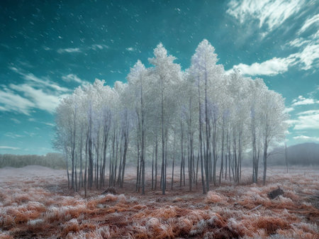 A dense stand of snow-covered trees stands in a frozen landscape under a dramatic, cloudy sky.の写真素材