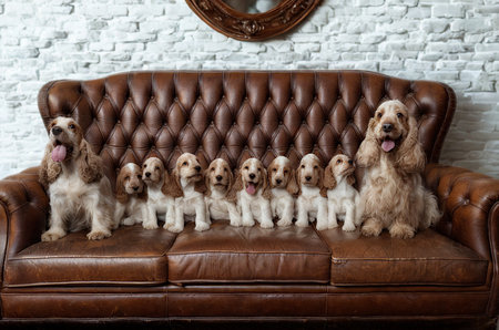 A group of eleven adorable Cocker Spaniels, mostly puppies, are lined up on a brown leather tufted sofa against a white brick wall.の写真素材