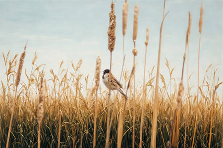 A small bird is perched on a thin stalk of dried grass, surrounded by a field of similar tall, golden grasses.の写真素材