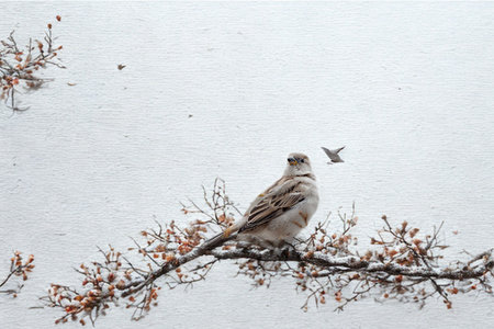 A hawk sits regally on a delicate tree branch adorned with pink blossoms, while smaller birds flutter in the soft, hazy sky.の写真素材