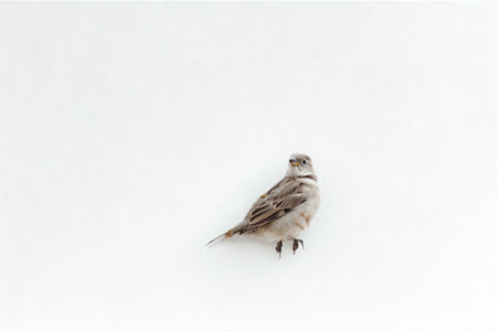 A solitary small bird with brown and white plumage sits on a plain white background, its head turned away from the viewer.の写真素材