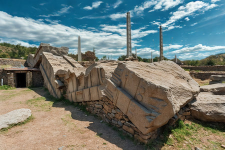 Massive weathered stone structures and boulders are scattered across a dry, dusty landscape under a vibrant blue sky with puffy white clouds.の写真素材