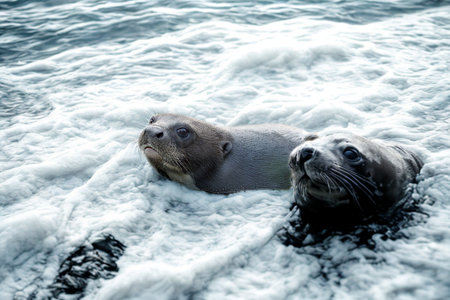 Two seals are partially submerged in rough, foamy ocean water, their heads and upper bodies visible above the churning waves.の写真素材