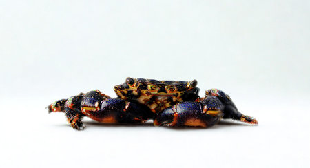 This image features a vibrant, multi-colored spider with intricate details on its body and legs against a plain white background.の写真素材