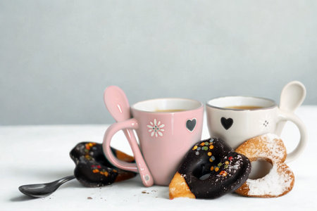 Two mugs with hot beverages sit beside assorted chocolates and cookies, perfect for a shared moment.の写真素材