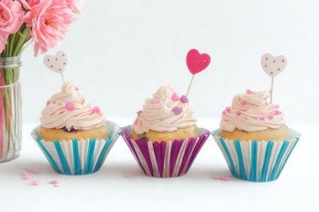 Three frosted cupcakes with heart decorations sit in colorful wrappers, next to a vase of pink flowers.の写真素材