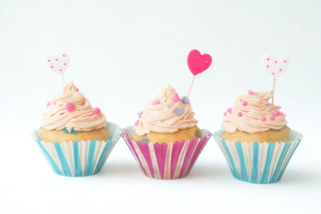 Three delicious cupcakes with swirled pink frosting, sprinkles, and decorative toppers are arranged on a light background.の写真素材