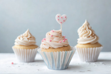 Three delicious frosted cupcakes are arranged on a white surface, with one cupcake featuring a decorative topper and pink sprinkles.の写真素材