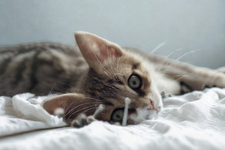 A domestic tabby cat with striking eyes rests comfortably on a rumpled white surface, appearing calm and content.の写真素材
