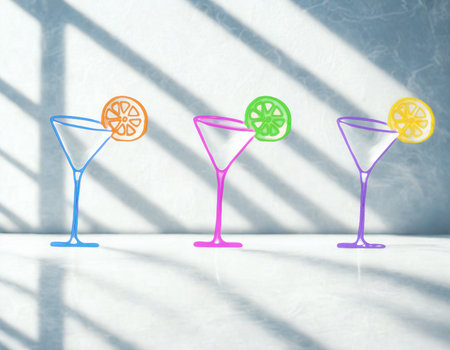 Three stylized martini glasses in blue pink and purple are adorned with citrus slices casting dramatic diagonal shadows.の写真素材