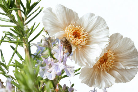A bee diligently collects nectar from a cluster of delicate white flowers, with rosemary sprigs providing a green backdrop.の写真素材
