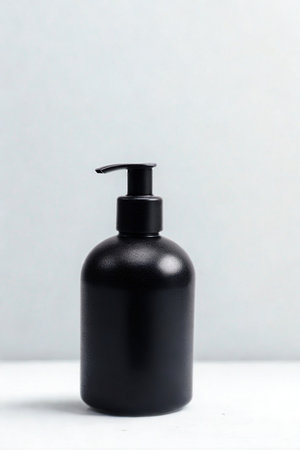 A sleek, matte black soap dispenser with a pump sits on a white surface against a soft, gradient background.の写真素材