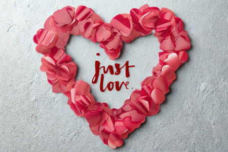 A beautiful heart shape made of pink rose petals with the words 'just love' written inside on a textured background.の写真素材