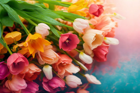 A close-up of a colorful bouquet of fresh tulips, their petals illuminated by soft, warm sunlight, creating a dreamy atmosphere.の写真素材